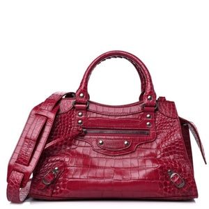 BALENCIAGA Croc Embossed Neo Classic City Raspberry Handbag Bag